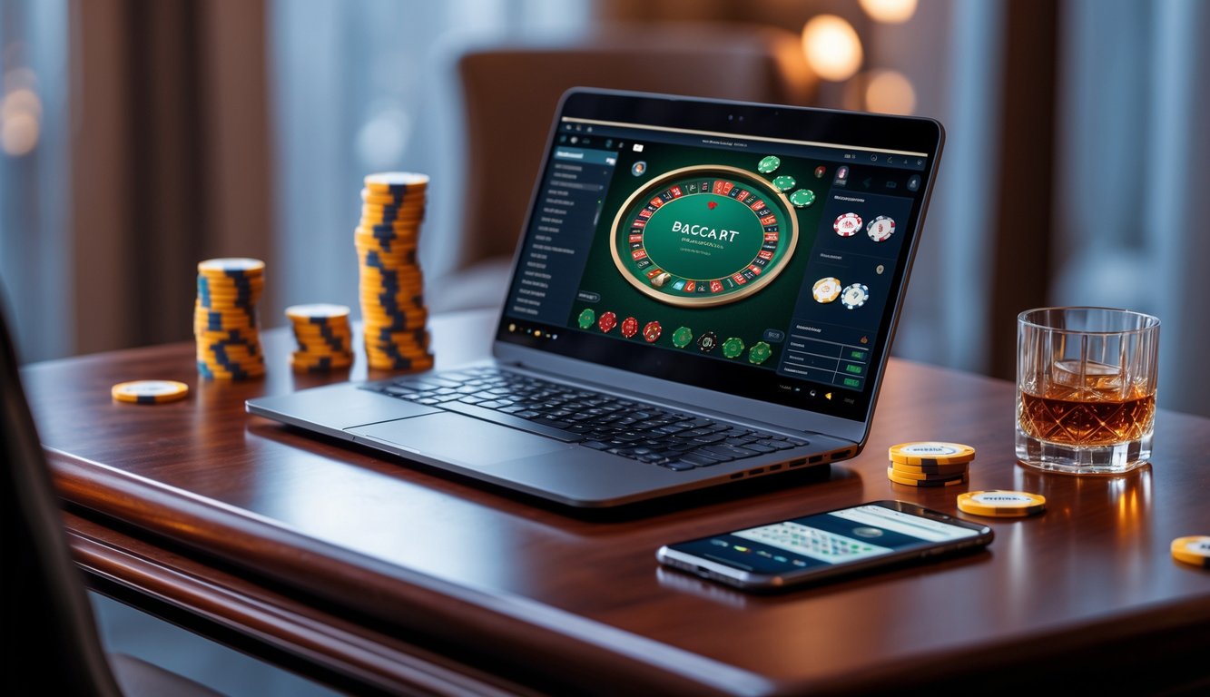 Seorang pria menggunakan laptop untuk bermain baccarat online dengan tumpukan chip poker dan ponsel di meja kayu.