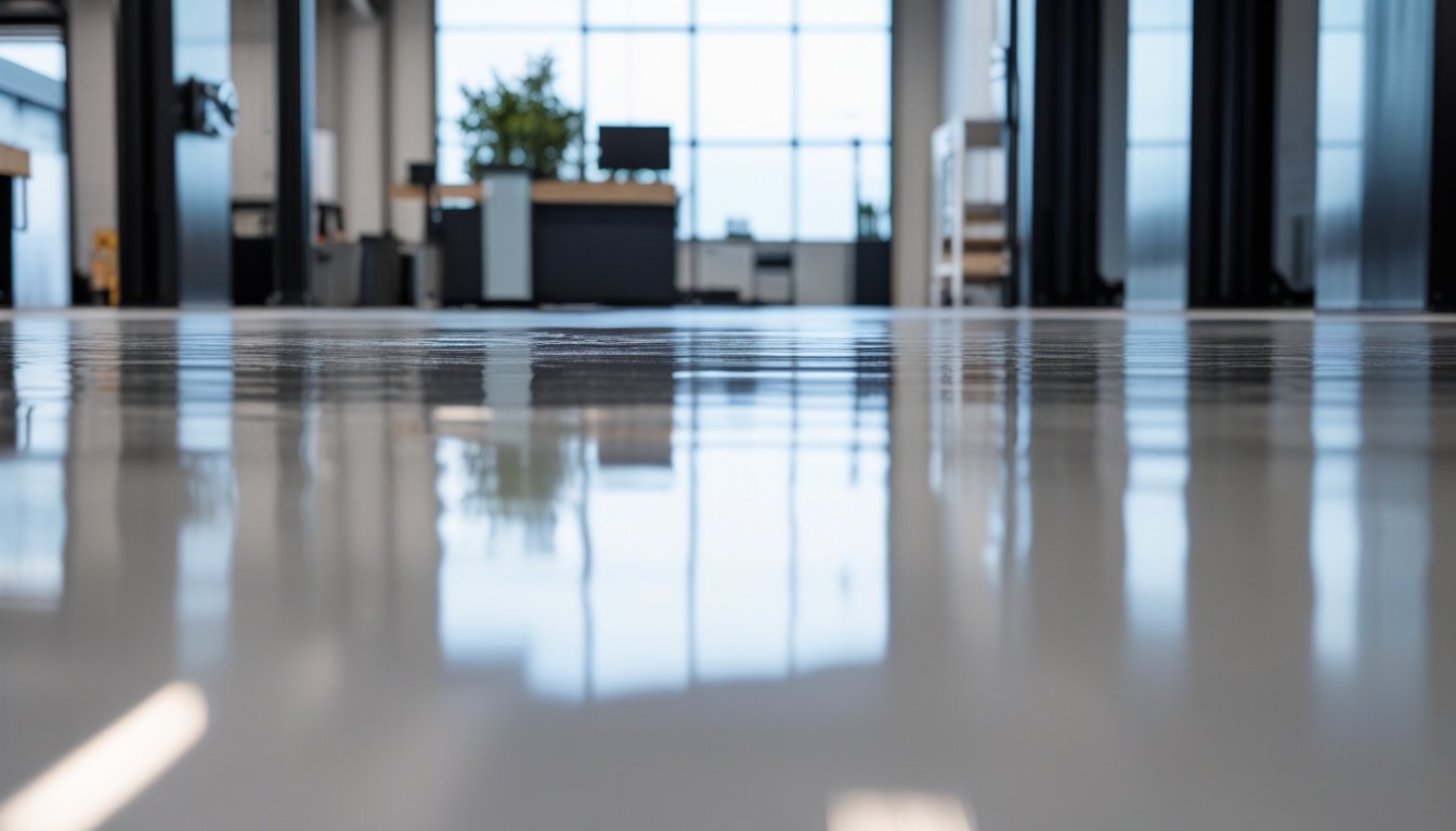 Interior space with smooth, shiny epoxy flooring reflecting light and furniture.