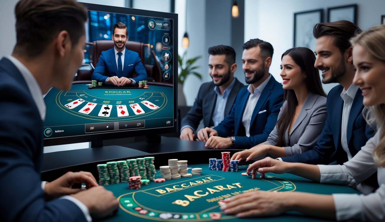 Orang-orang yang sedang bermain baccarat online dengan dealer langsung di layar besar.