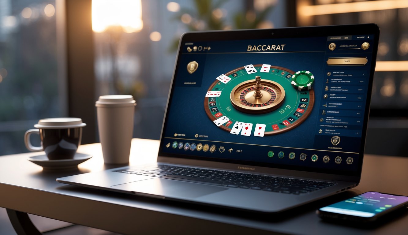 Sebuah layar komputer menampilkan permainan baccarat online dengan kartu dan chip, dikelilingi oleh cangkir kopi dan ponsel di meja.