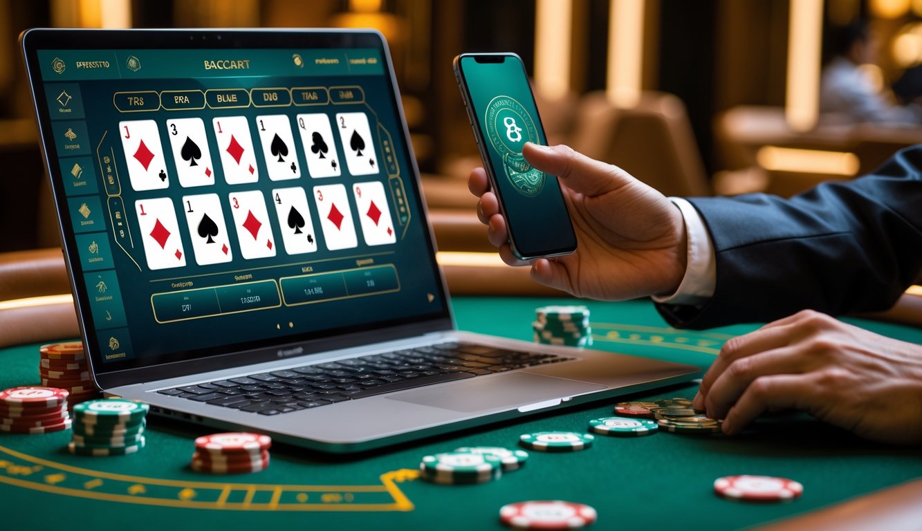 Seorang pemain menggunakan laptop dan ponsel untuk bermain baccarat online dengan transaksi cepat di meja kasino.