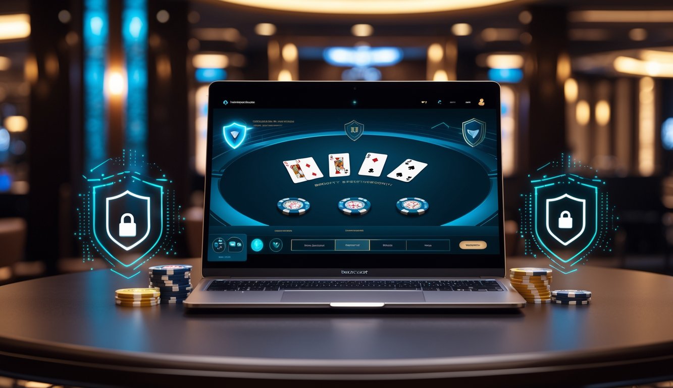 Suasana permainan baccarat online yang aman dengan komputer modern dan simbol keamanan digital di latar belakang kasino yang elegan.