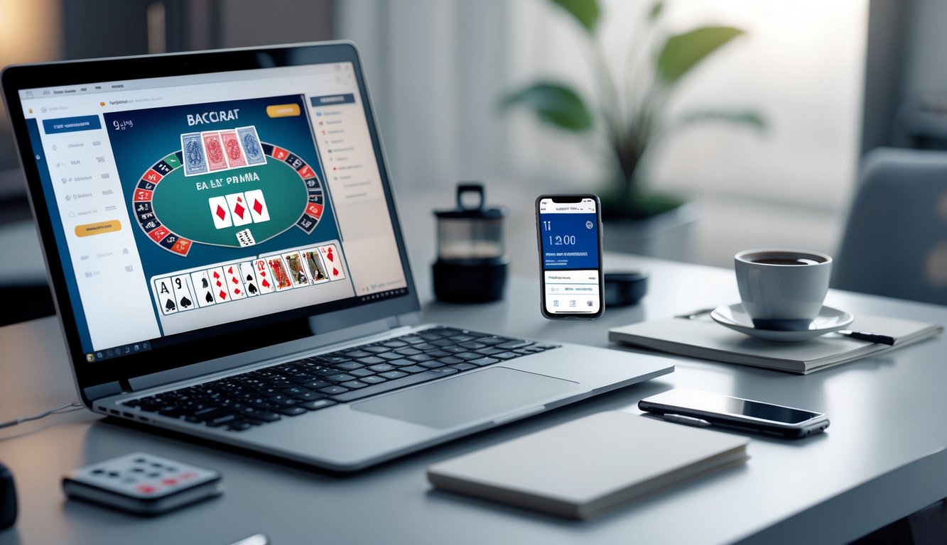 Sebuah meja kerja modern dengan komputer dan ponsel yang menampilkan permainan baccarat online dan konfirmasi pembayaran instan.