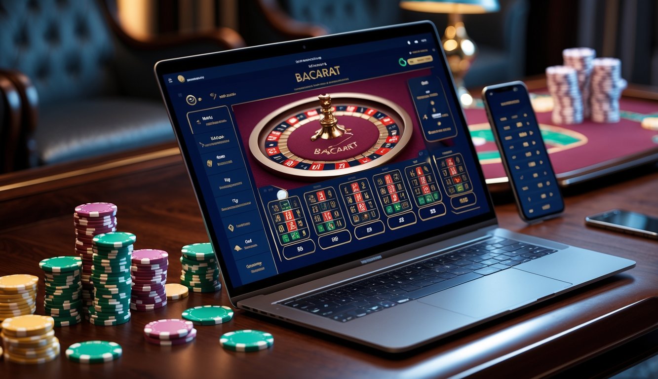 Sebuah laptop menampilkan permainan baccarat online dengan berbagai pilihan taruhan di atas meja kayu dengan tumpukan chip poker dan ponsel di sampingnya.