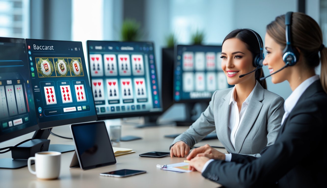 Seorang perwakilan layanan pelanggan yang ramah sedang bekerja di meja dengan beberapa layar komputer menampilkan permainan baccarat online.