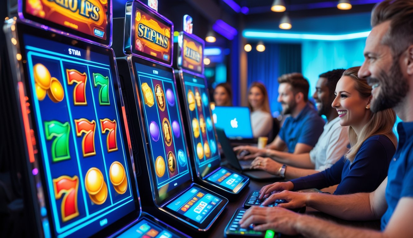 Orang-orang bermain mesin slot digital di lingkungan kasino online yang modern dan cerah.