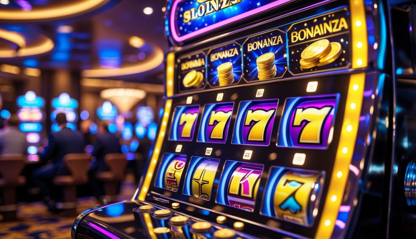 Mesin slot modern dengan lampu warna-warni dan koin emas yang berkilau di dalam kasino yang ramai.