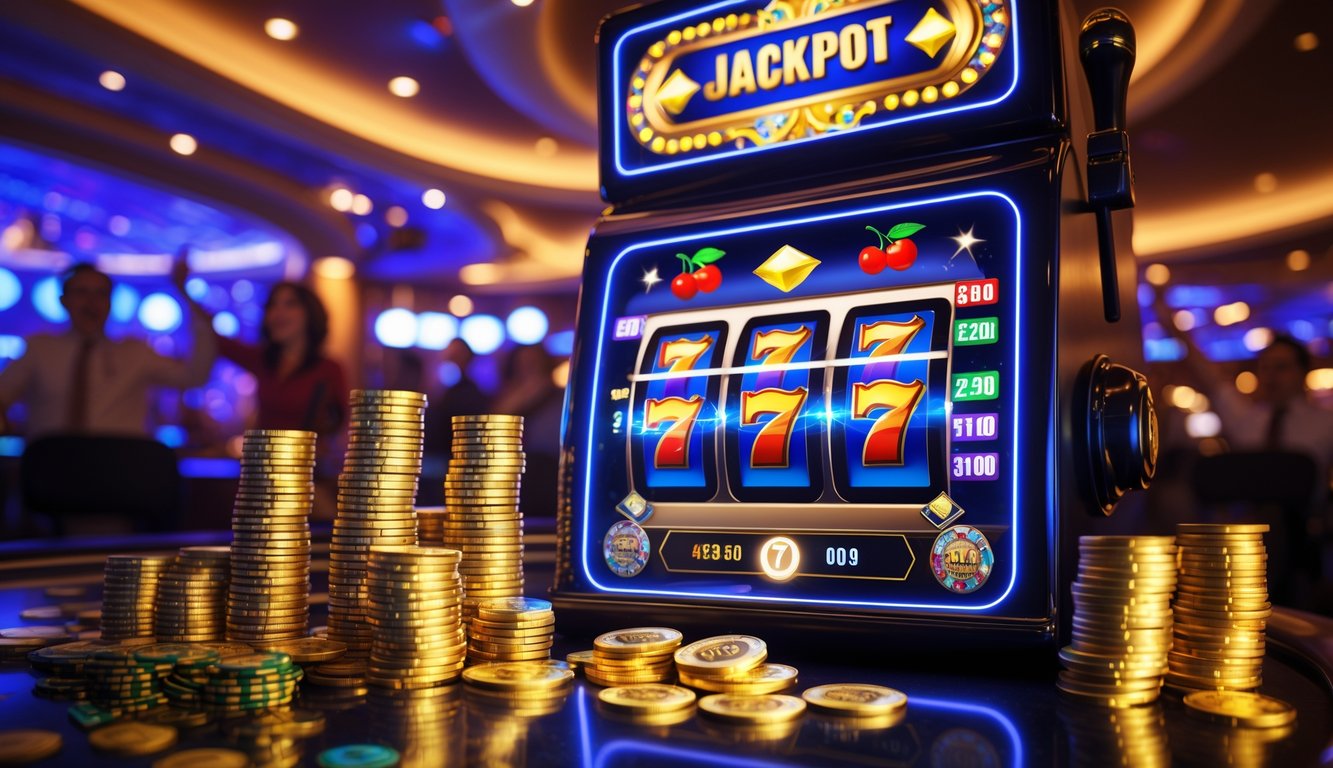 Mesin slot modern dengan jackpot besar yang menyala dikelilingi tumpukan koin emas dan chip kasino di dalam kasino yang mewah.