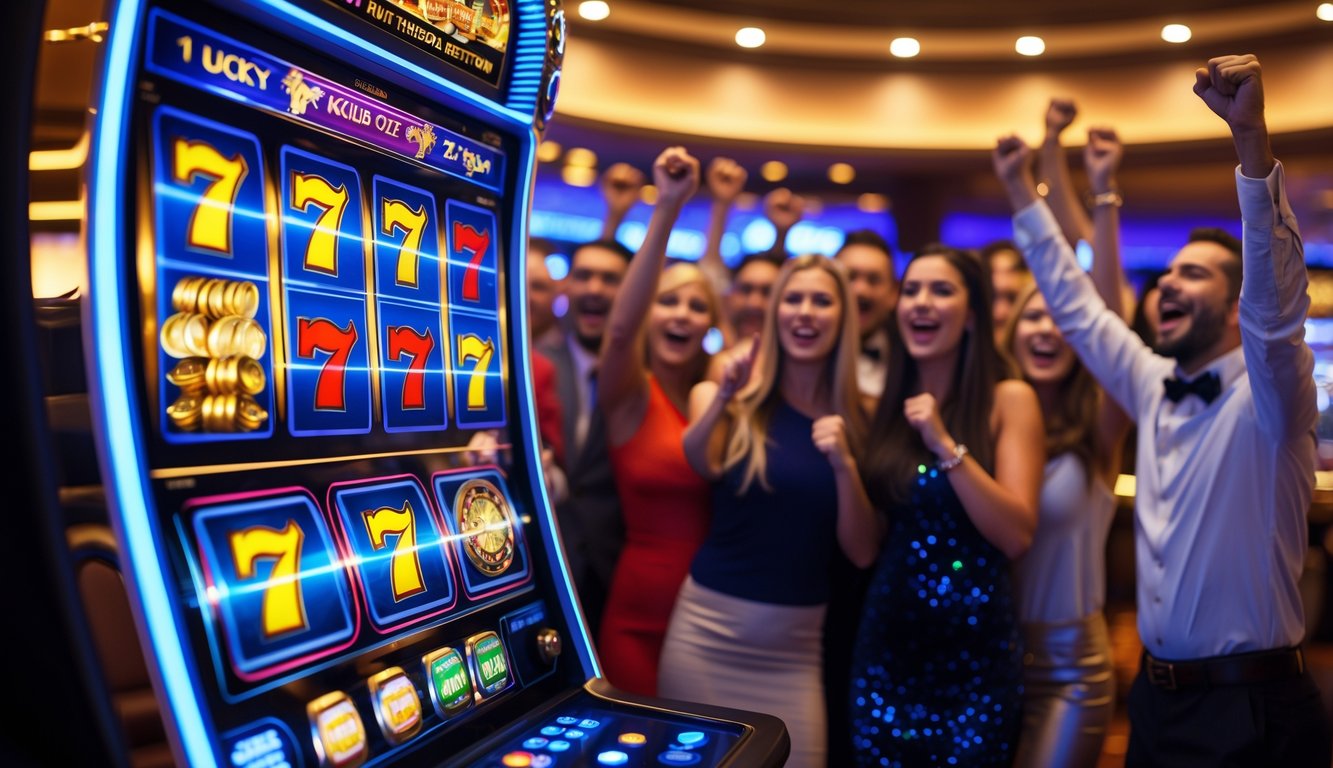 Sebuah mesin slot modern yang berwarna-warni dengan orang-orang yang merayakan kemenangan di latar belakang di dalam kasino mewah.