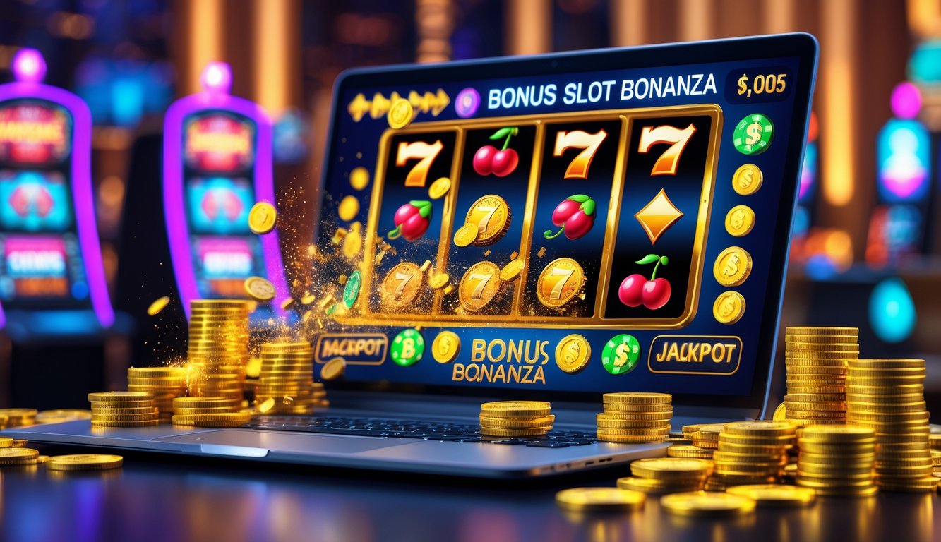 Sebuah komputer dengan permainan mesin slot berwarna-warni di layar, dikelilingi koin emas dan chip poker, menggambarkan suasana kasino online yang penuh kegembiraan.