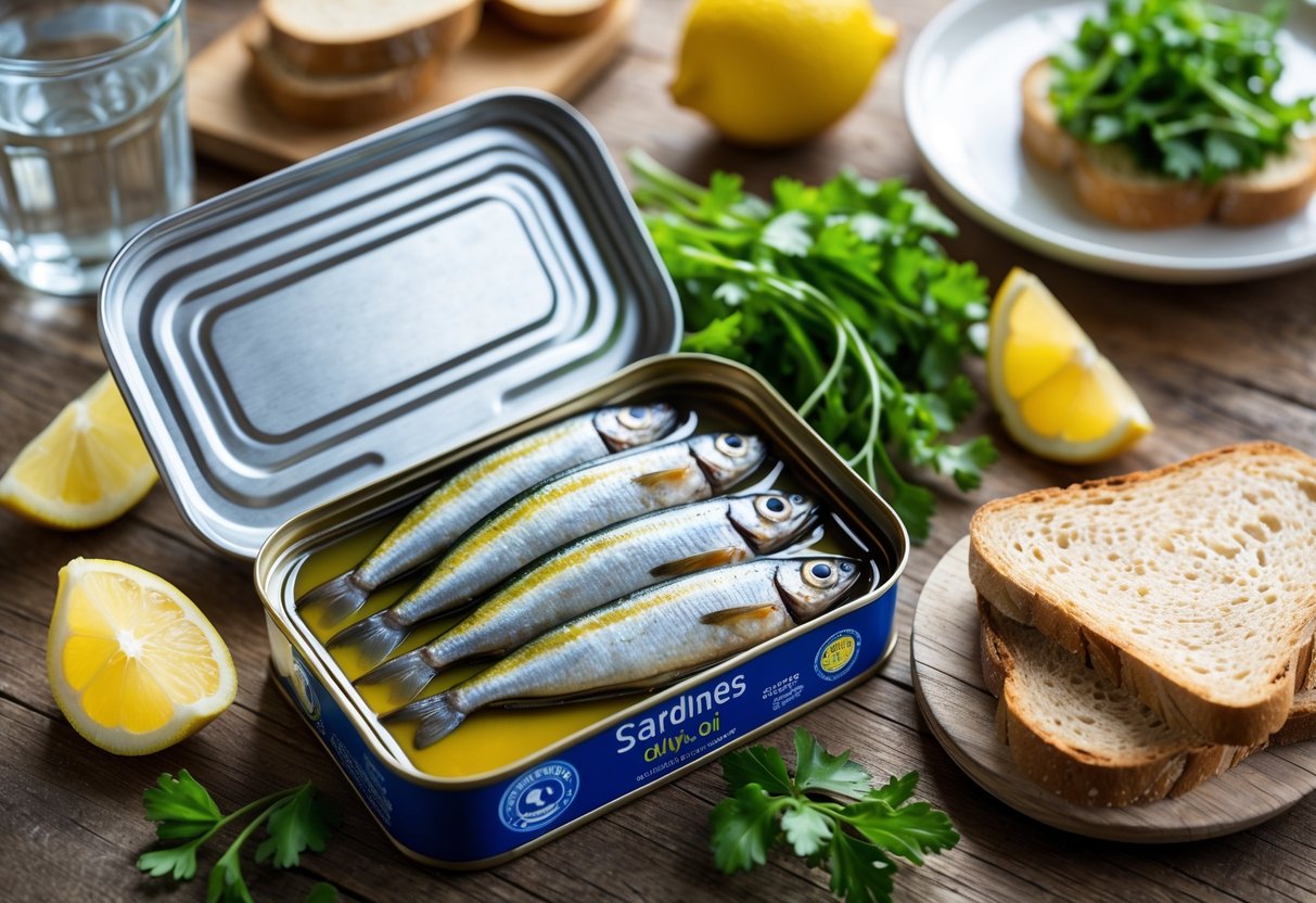 An open can of sardines on a wooden table with lemon wedges, parsley, bread, and a plate with sardine toast.