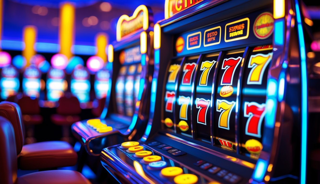 Mesin slot kasino modern yang sedang berputar dengan simbol warna-warni di latar belakang kabur.