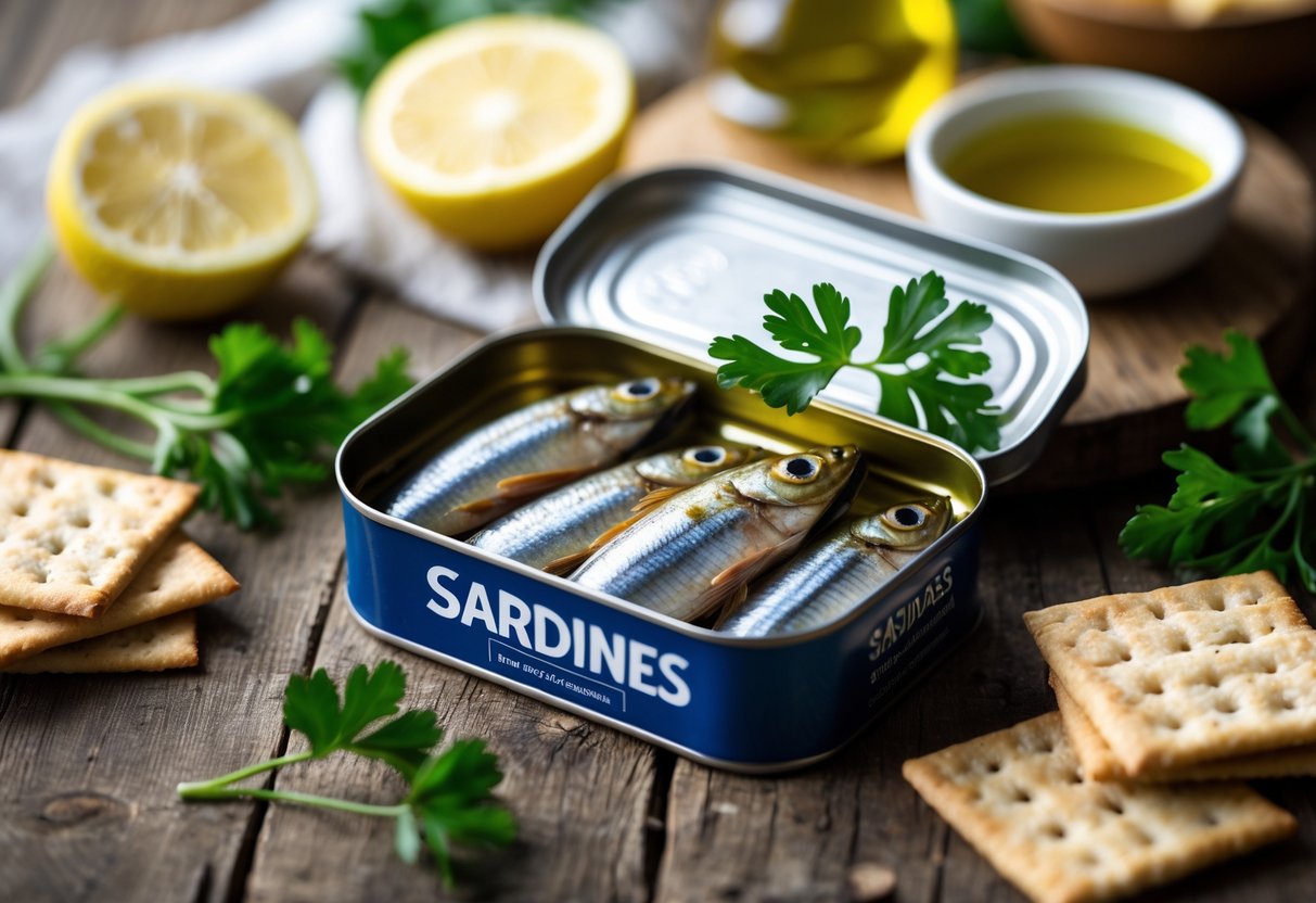 Open can of sardines on a wooden table surrounded by lemon wedges, parsley, crackers, and olive oil.