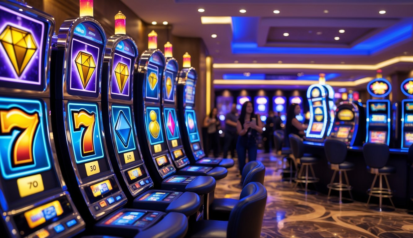 Beberapa mesin slot berwarna-warni di dalam kasino dengan pemain yang terlihat antusias dan suasana yang hidup.