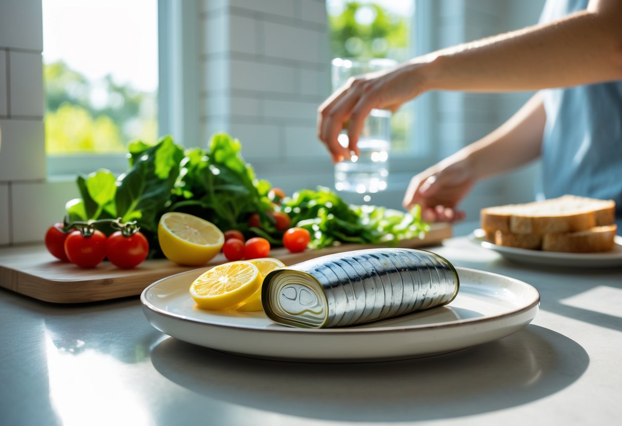 A kitchen countertop with an open can of sardines on a plate surrounded by fresh vegetables and bread, with a person’s hands reaching for a glass of water.
