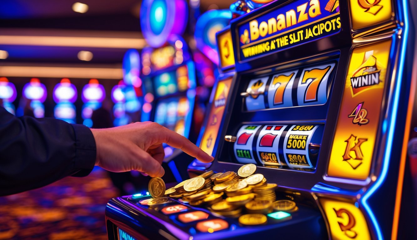 Seseorang menekan tombol mesin slot dengan koin emas keluar dari mesin di dalam kasino yang ramai.