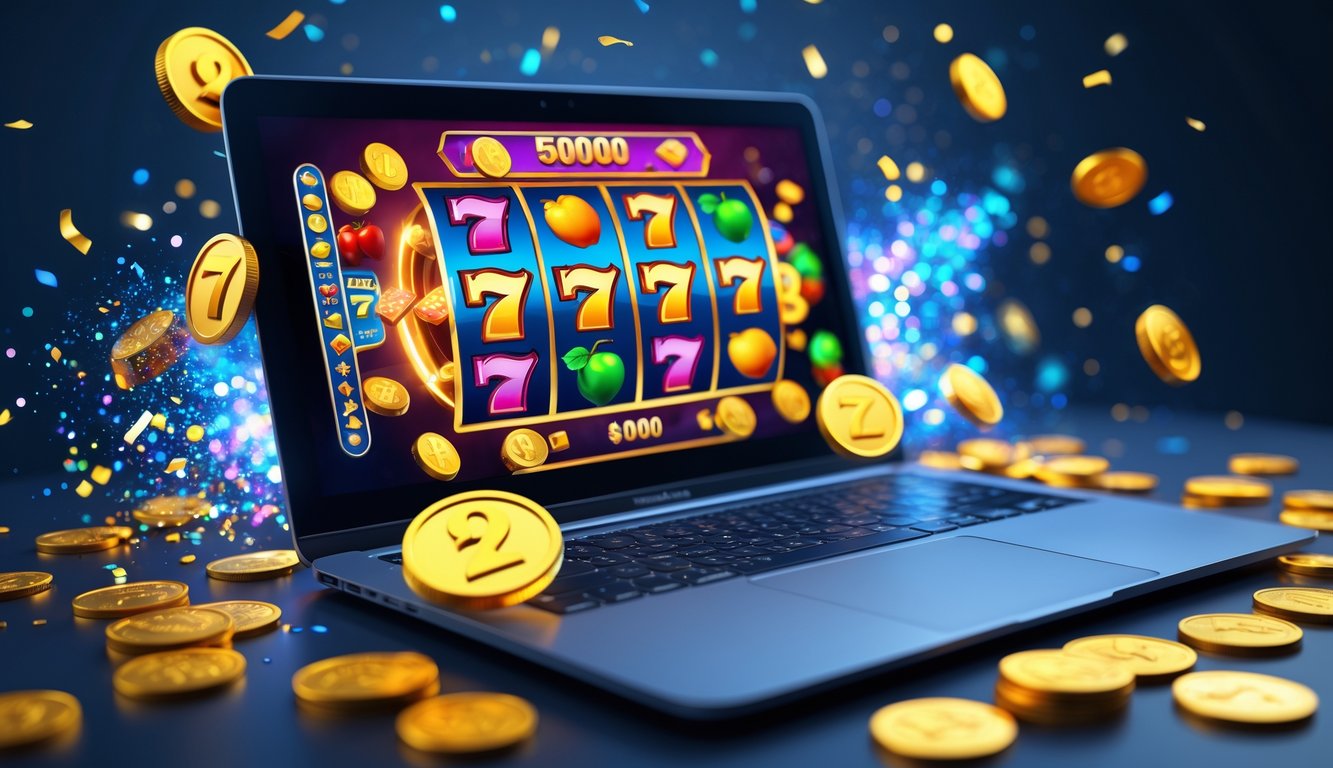 Layar komputer menampilkan permainan slot online dengan simbol warna-warni dan koin emas yang berkilauan, menggambarkan momen kemenangan.