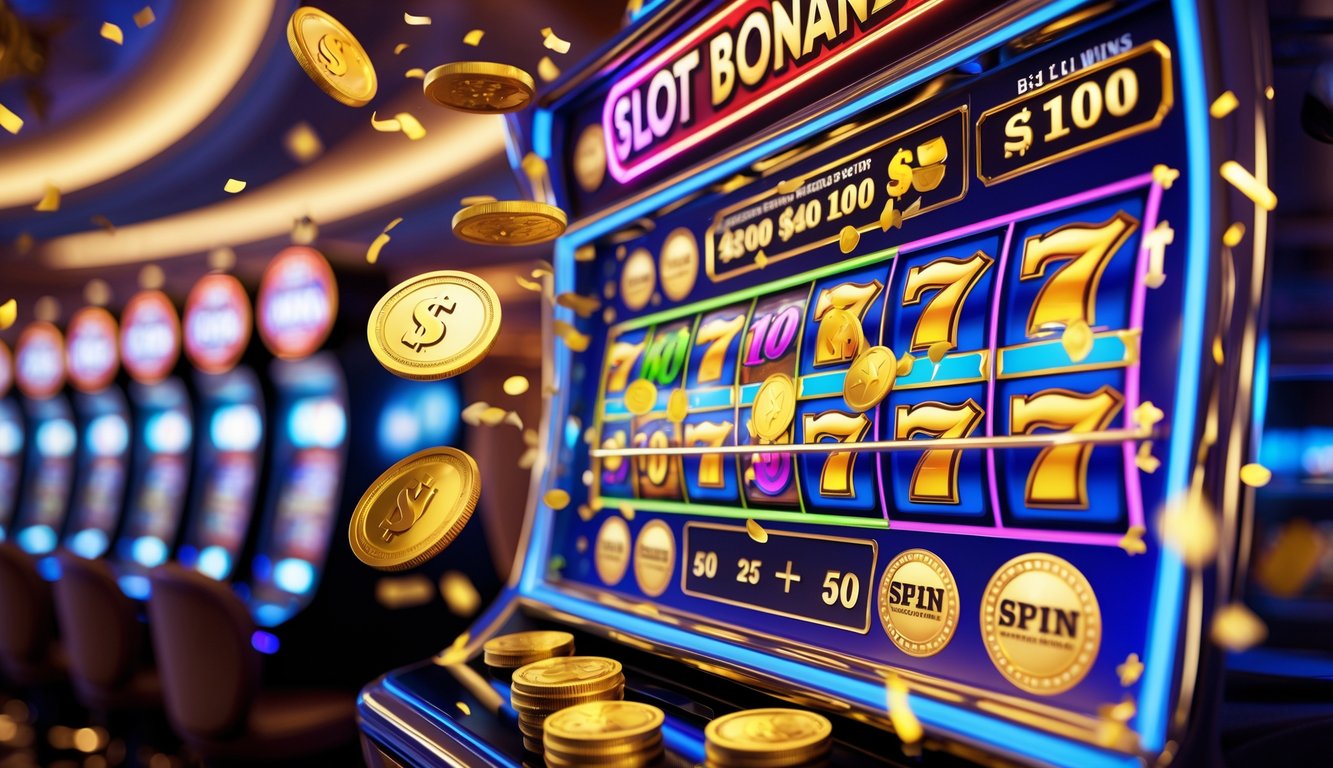 Mesin slot berwarna cerah dengan koin emas dan confetti di dalam kasino yang mewah.