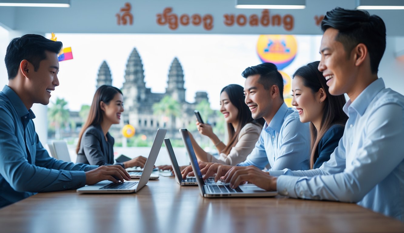 Orang-orang menggunakan laptop dan ponsel di kantor modern dengan latar belakang motif budaya Kamboja.