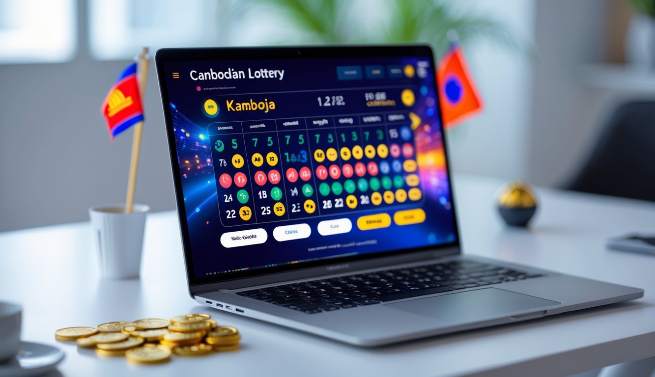 Seorang pengguna laptop di meja kerja modern dengan tampilan antarmuka lotere digital dan motif tradisional Kamboja di latar belakang.