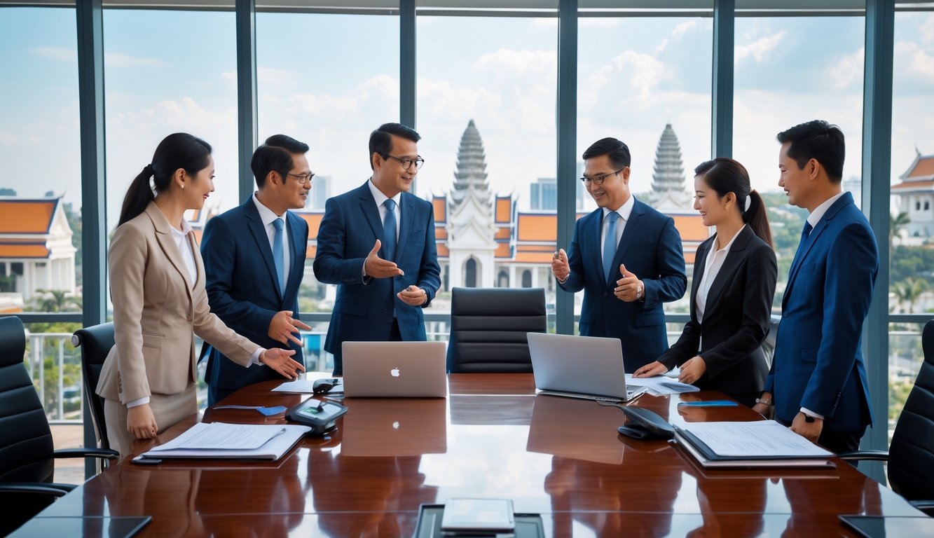Sekelompok profesional sedang berdiskusi di ruang kantor modern dengan pemandangan kota Phnom Penh di latar belakang.