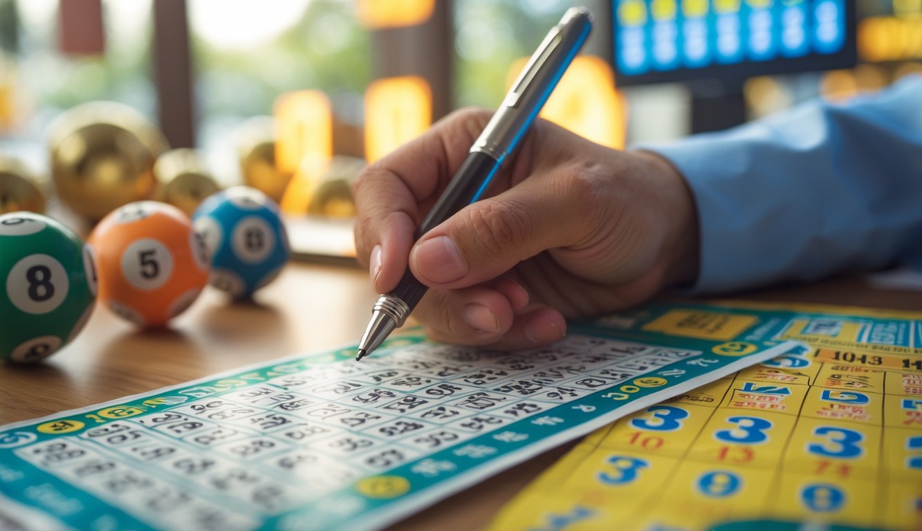 Tangan seseorang memegang pena di atas tiket lotere dengan angka yang tersusun dalam beberapa format angka.