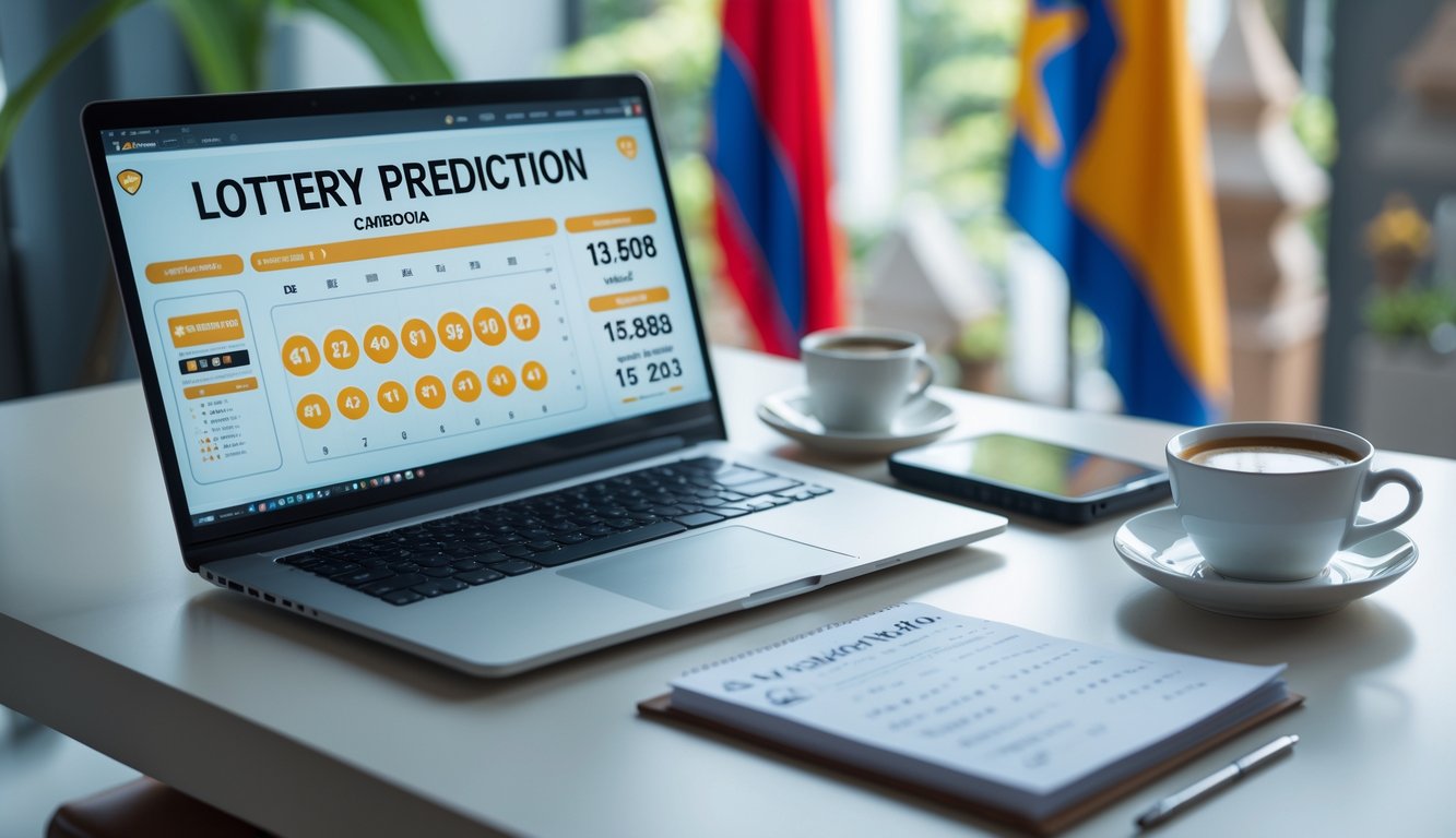 Meja kerja modern dengan laptop, catatan, dan cangkir kopi yang menunjukkan aktivitas prediksi togel Kamboja.