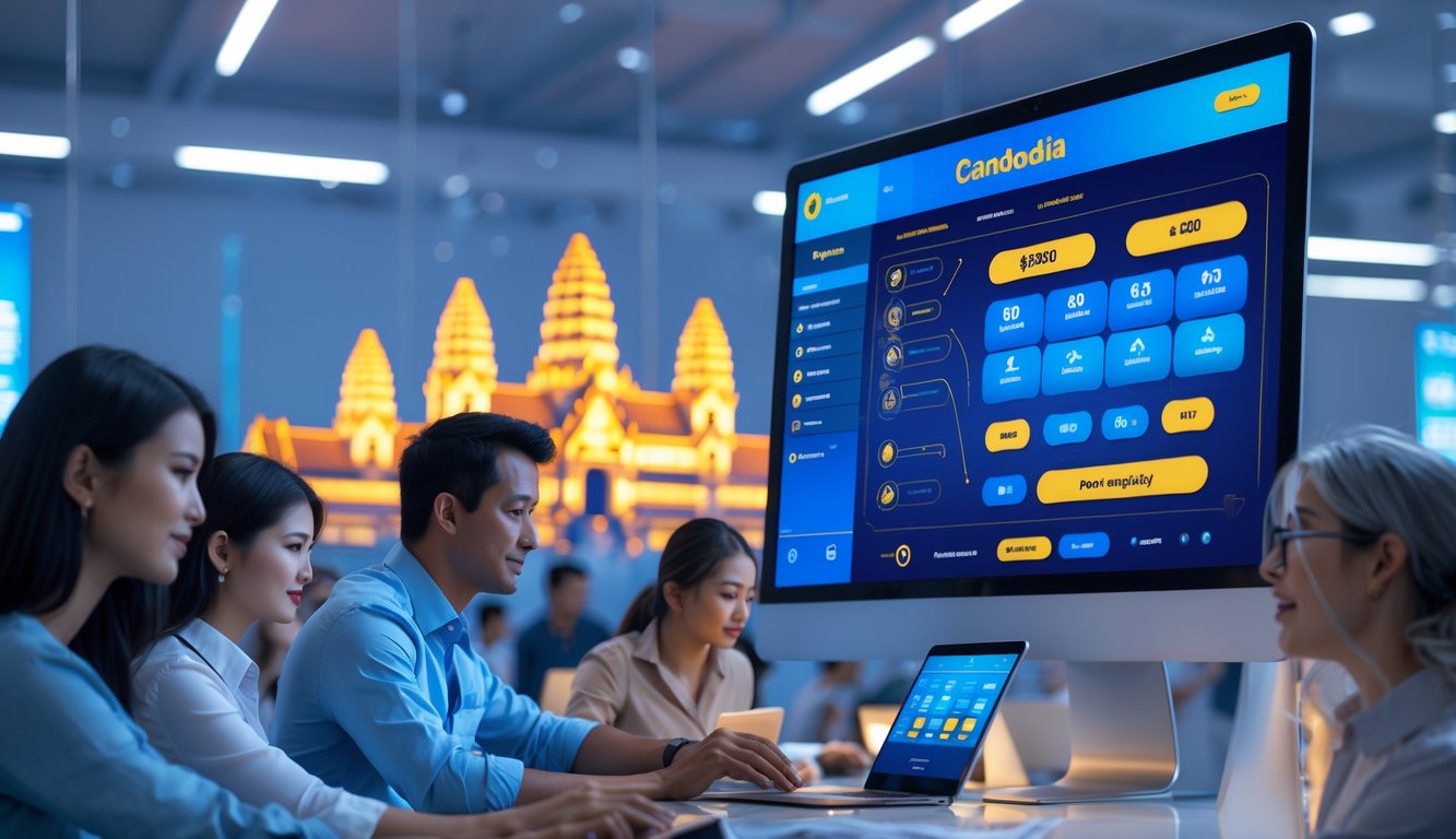 Orang-orang menggunakan perangkat digital di depan layar transparan dengan latar belakang siluet Angkor Wat, menggambarkan platform togel online dengan pembayaran cepat.