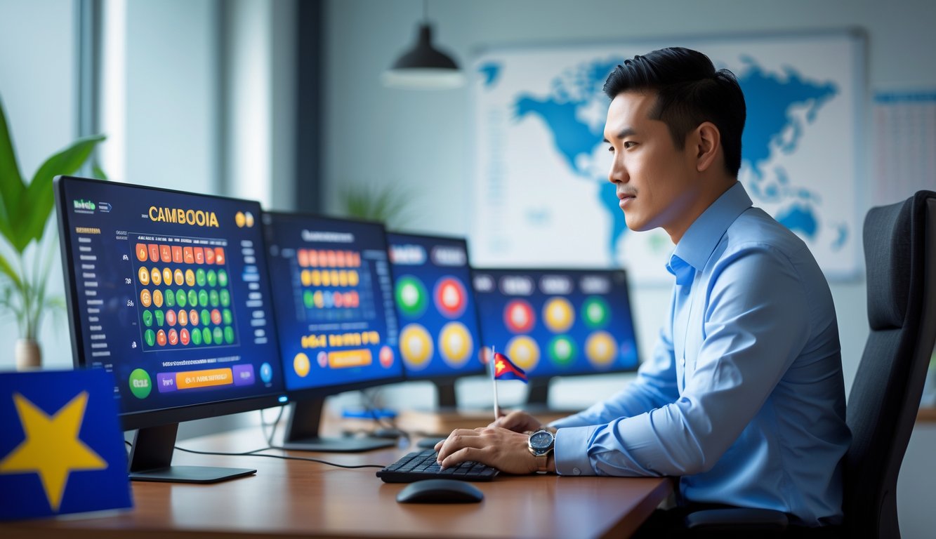 Seorang pria Asia Tenggara duduk di meja kantor dengan beberapa layar komputer menampilkan angka lotere dan grafik, suasana profesional dengan elemen khas Kamboja di latar belakang.