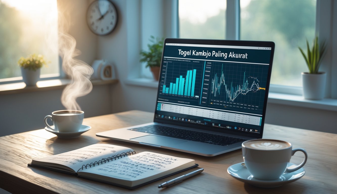 Meja kerja dengan laptop, buku catatan, dan cangkir kopi di ruang yang terang dan teratur.