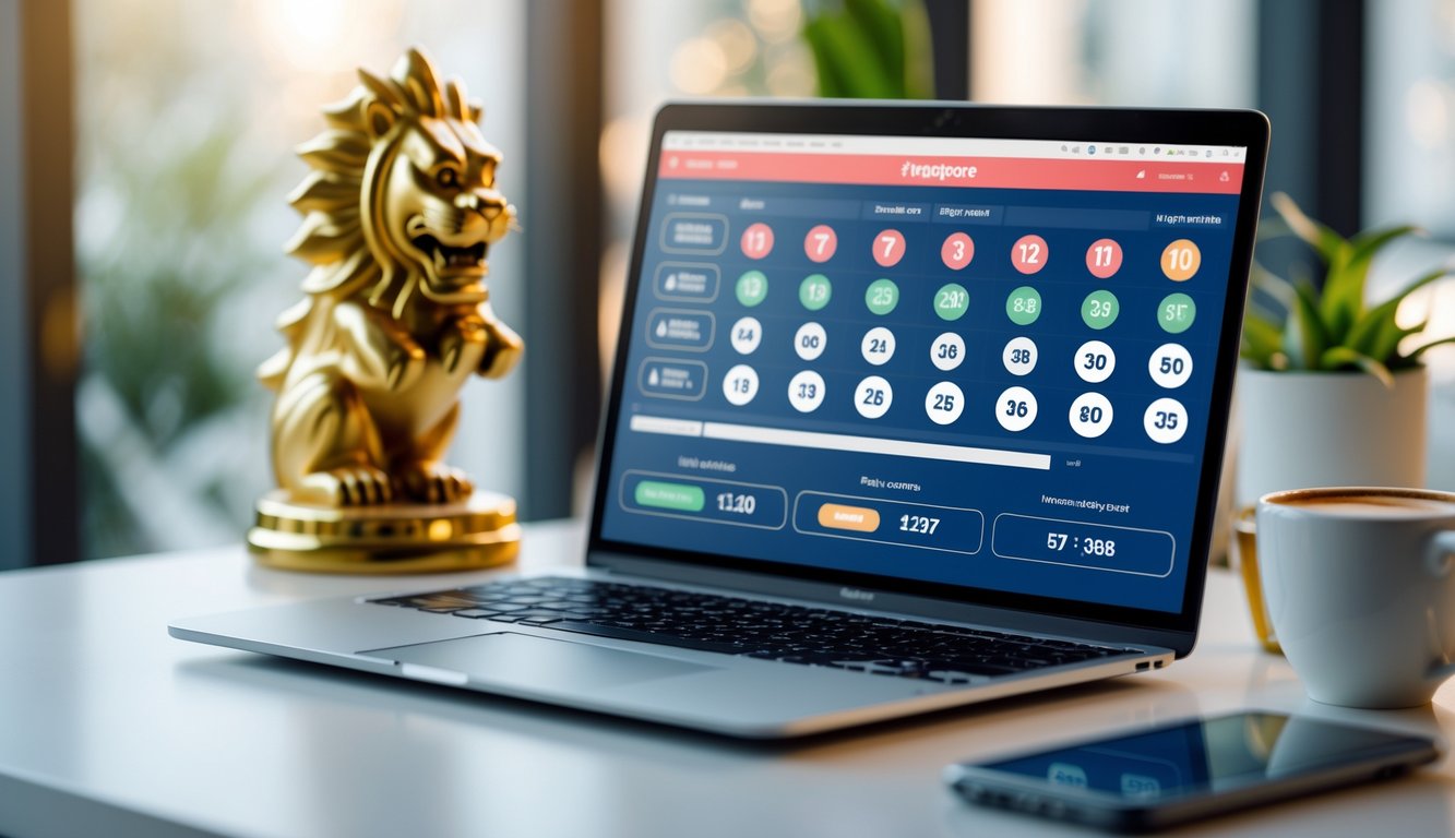 Sebuah laptop di atas meja dengan tampilan antarmuka lotere digital, di samping patung kecil Merlion dan secangkir kopi.