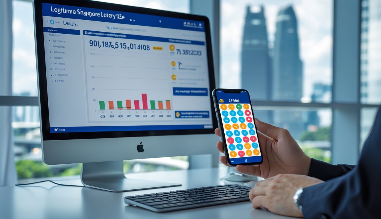 Meja kerja modern dengan komputer dan tangan seseorang menggunakan ponsel yang menampilkan aplikasi lotere, dengan latar belakang pemandangan kota Singapura.