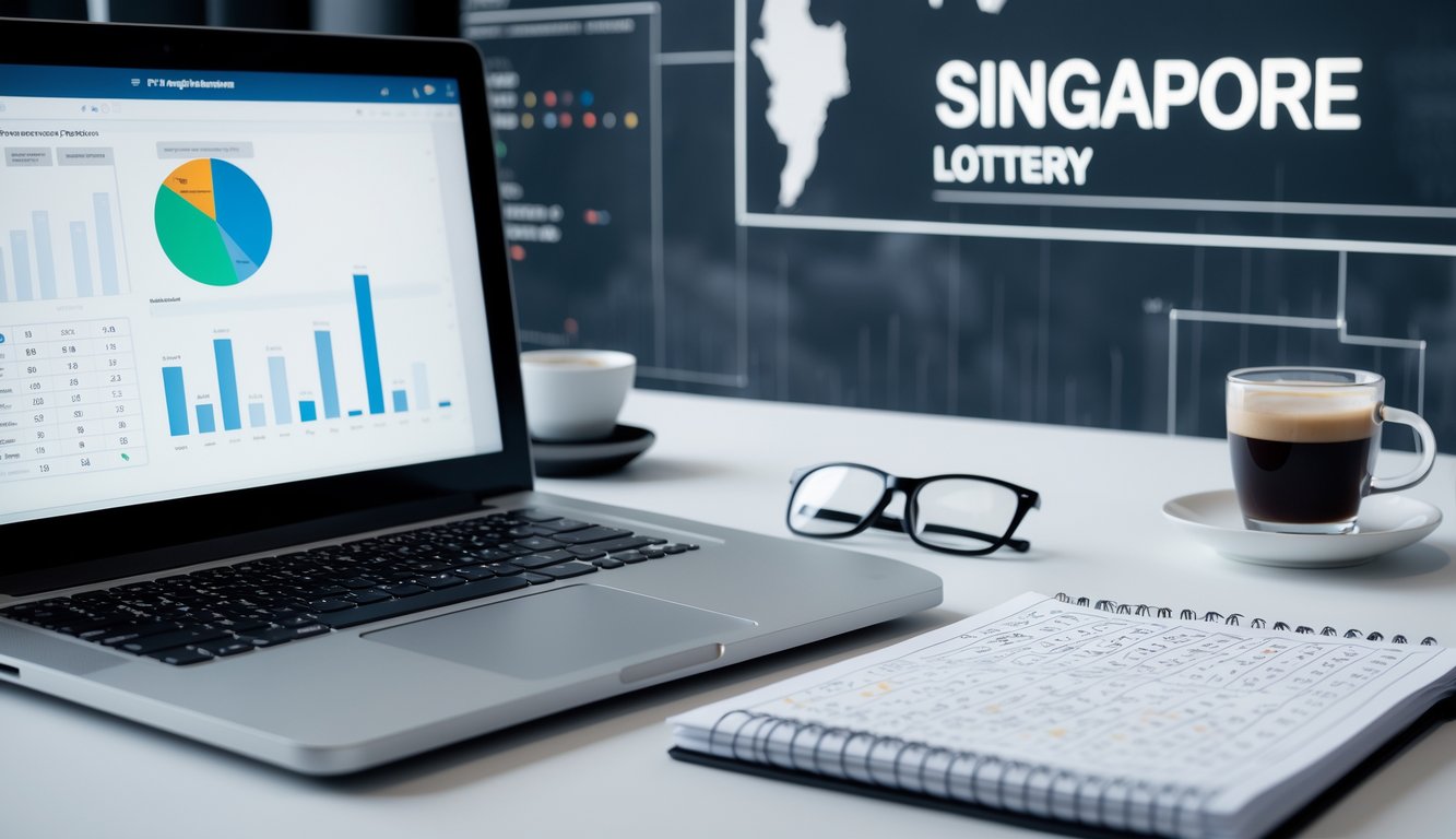 Meja kerja dengan laptop, ponsel, dan catatan berisi angka, menampilkan suasana orang yang sedang memprediksi togel Singapore.