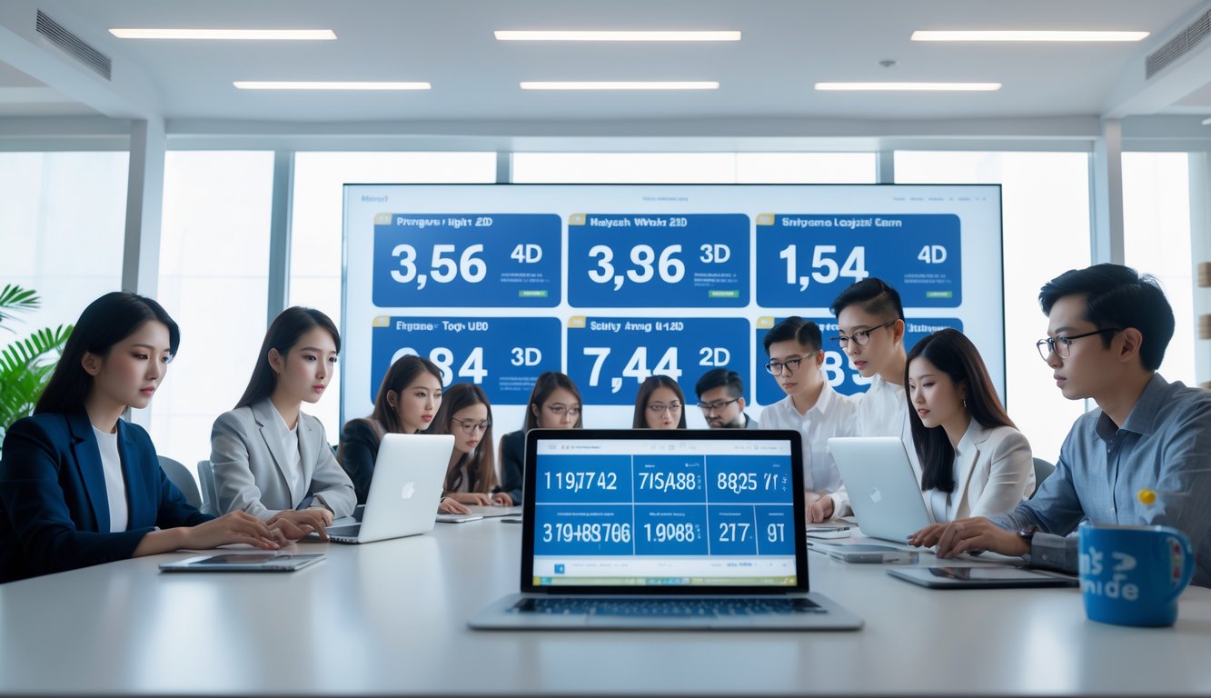 Orang-orang di kantor modern sedang menganalisis angka dan grafik terkait permainan togel.