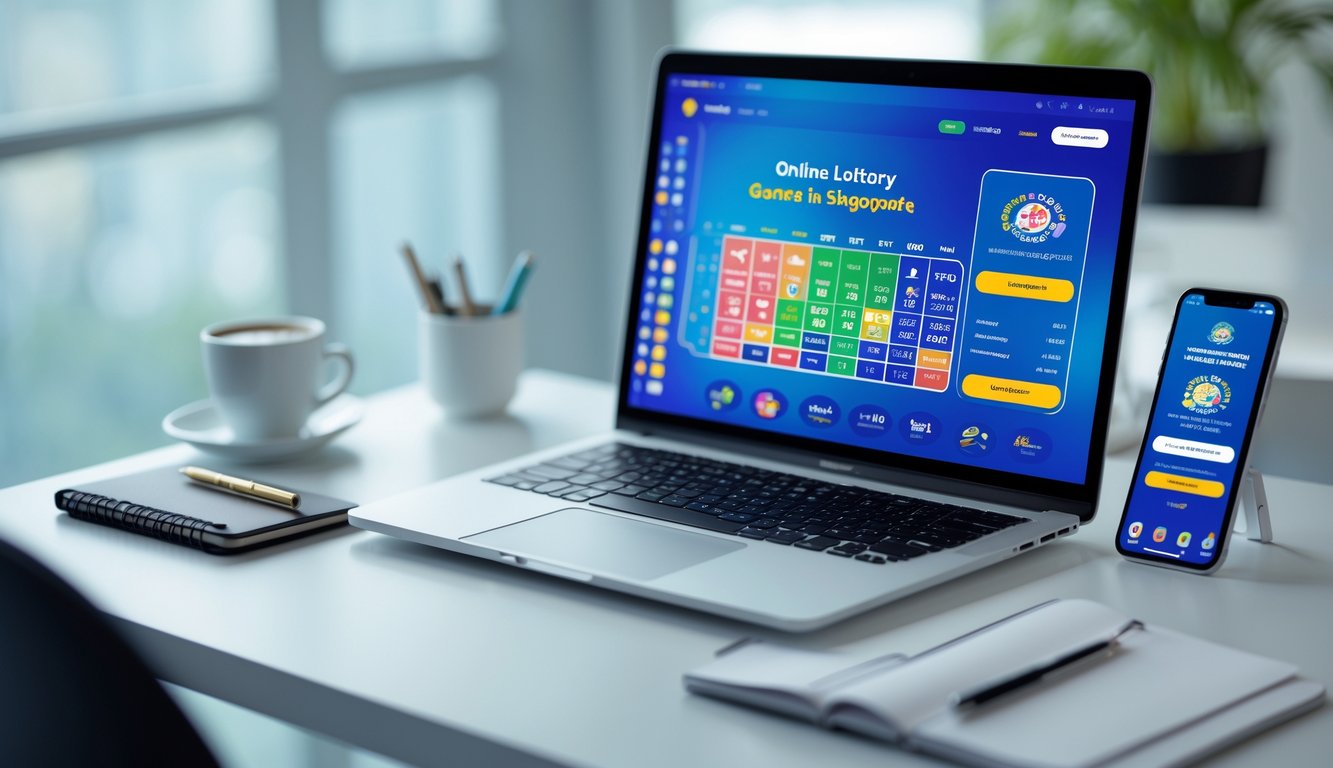 Meja kerja dengan laptop dan ponsel yang menampilkan aplikasi togel online, di ruang terang dengan alat tulis dan kopi.