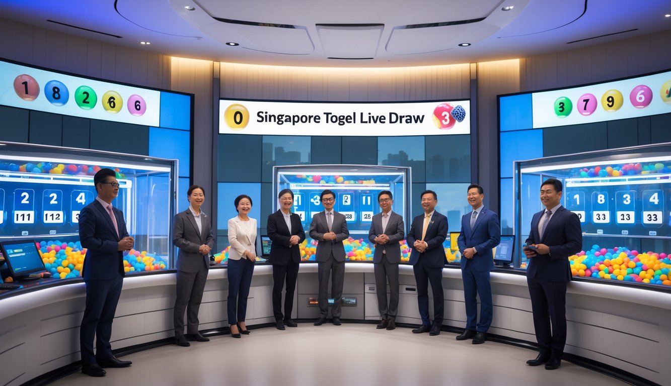 Ruangan studio modern dengan mesin undian lotre berputar dan beberapa profesional yang mengawasi proses undian Togel Singapura secara langsung.