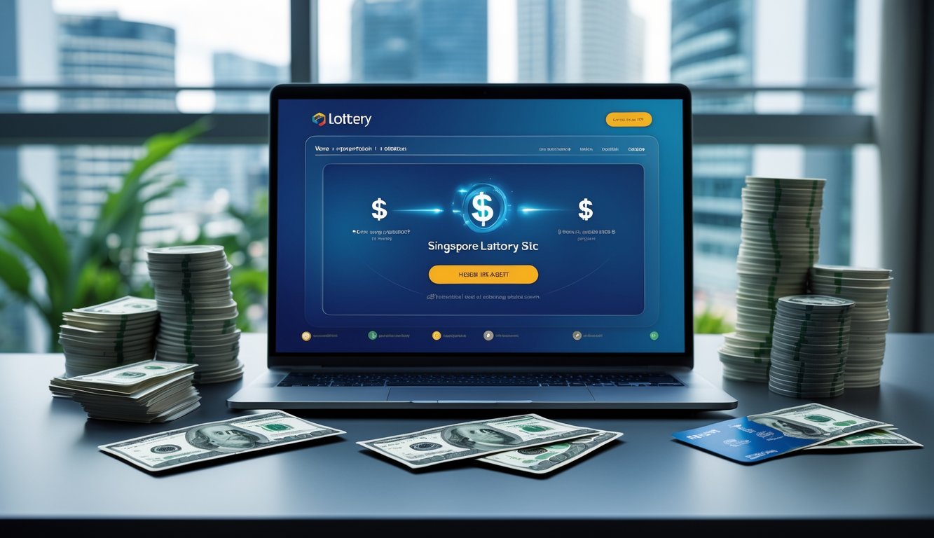 Meja kerja modern dengan laptop, ponsel menampilkan notifikasi transaksi berhasil, uang dan kartu kredit, latar belakang pemandangan kota Singapura.