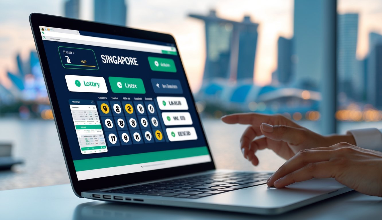 Seseorang menggunakan perangkat digital untuk bermain togel online dengan latar belakang elemen khas Singapura yang samar.