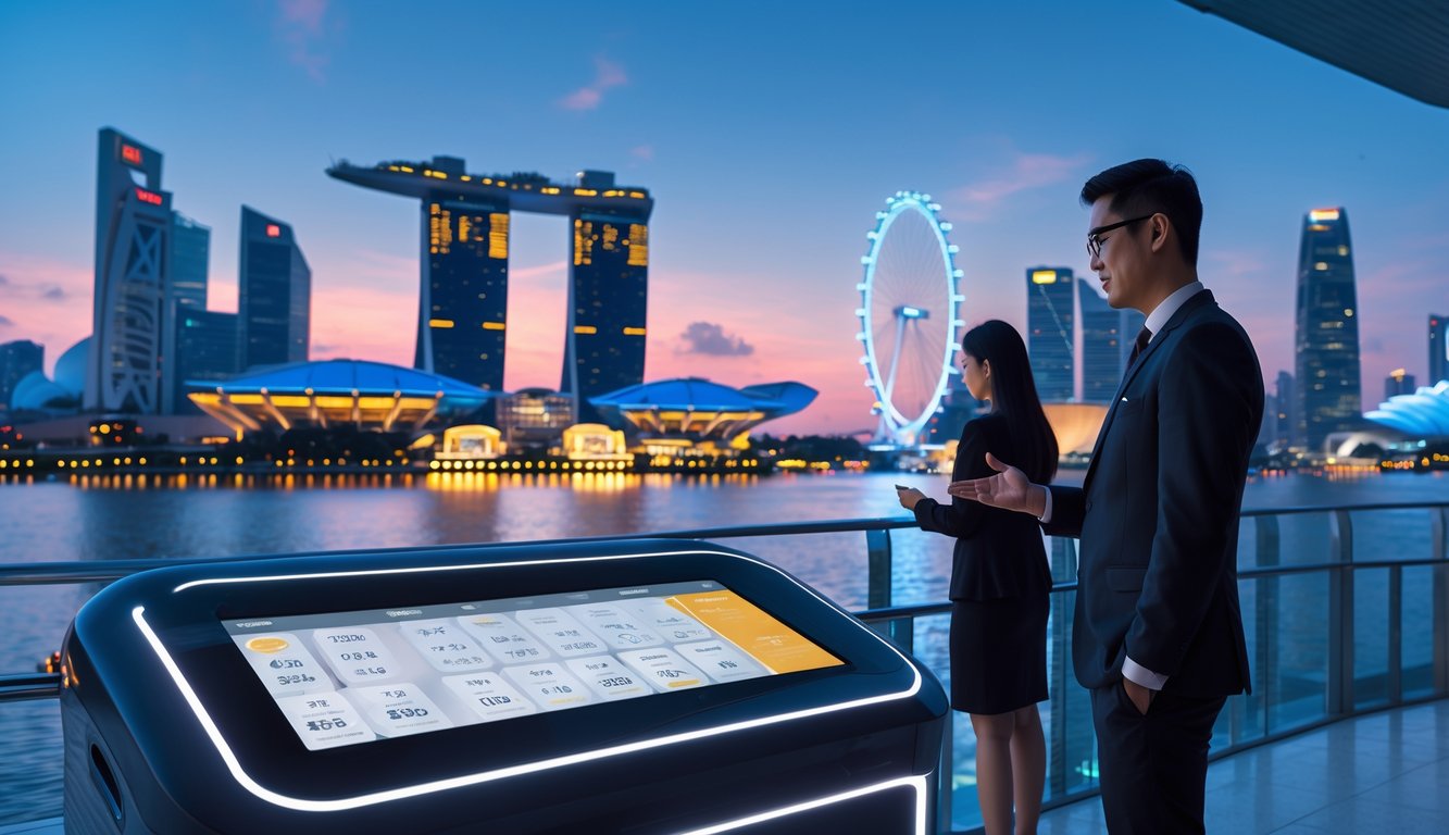 Suasana modern dengan terminal lotere digital dan latar belakang kota Singapura yang terang di waktu senja.
