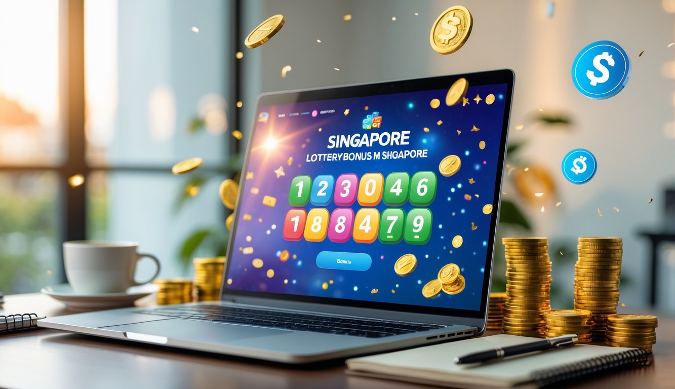Sebuah ruang kerja modern dengan laptop yang menampilkan permainan lotere online bertema Singapura dan koin emas di sekitarnya.