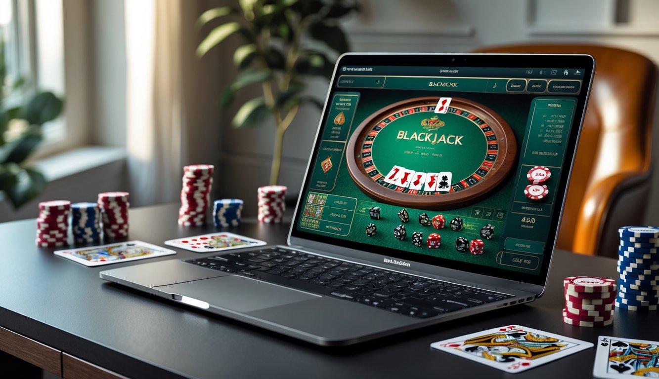 Sebuah laptop menampilkan meja blackjack digital dengan kartu dan chip poker di sekitarnya di dalam ruangan yang nyaman.