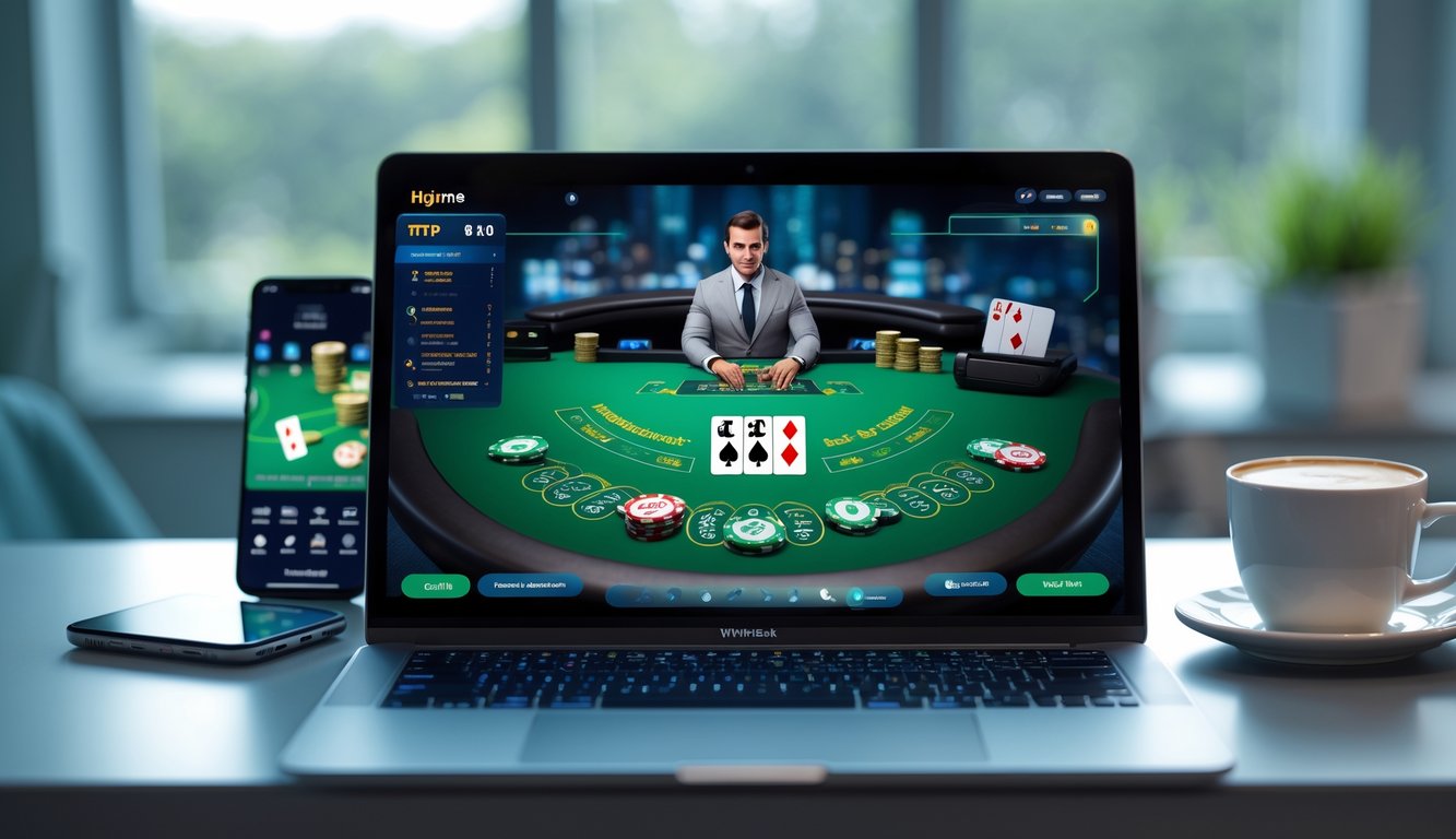 Layar komputer menampilkan permainan blackjack online dengan kartu dan tumpukan chip di meja permainan.