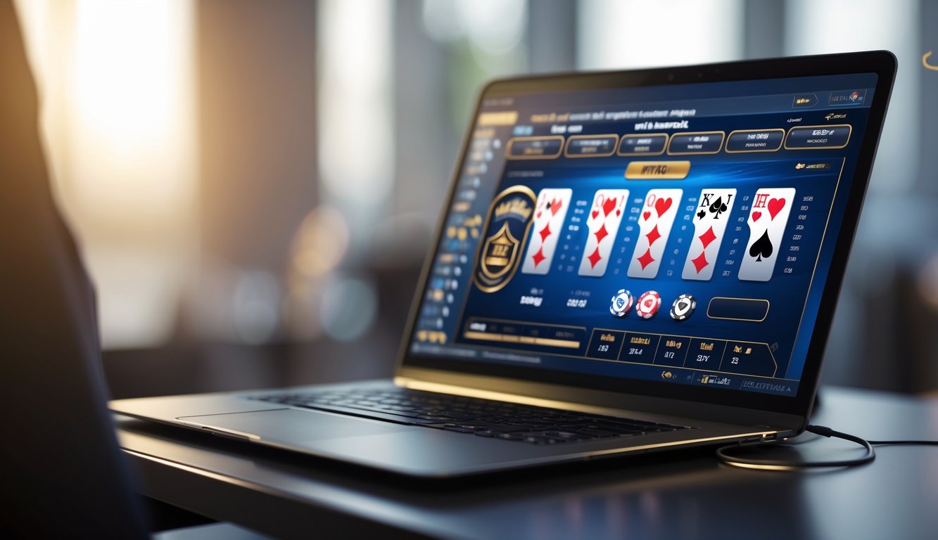 Seseorang sedang bermain blackjack online di komputer dengan kartu dan chip di layar.