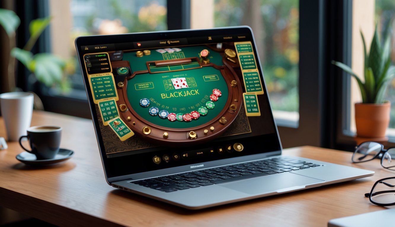 Sebuah laptop menampilkan permainan blackjack online dengan kartu dan chip di atas meja kayu di dalam ruangan yang nyaman.
