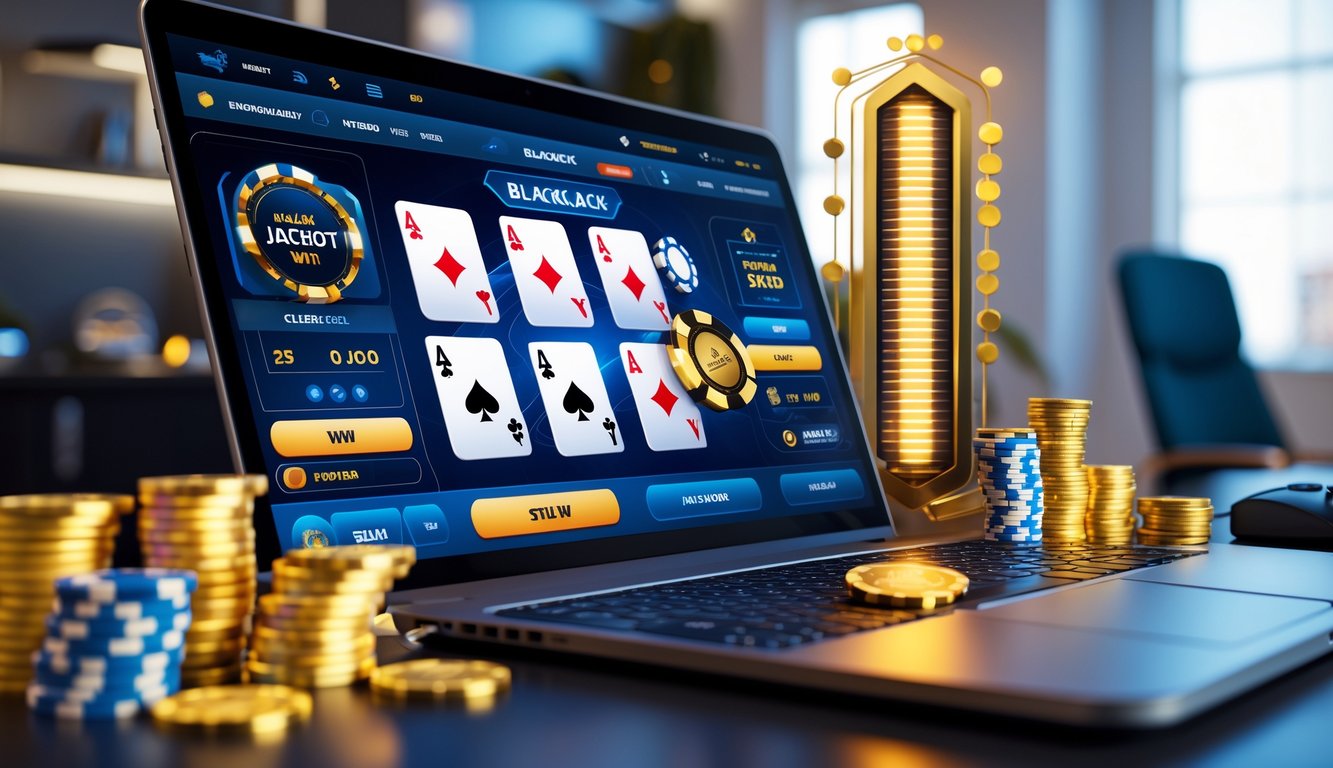 Seseorang bermain blackjack online di depan komputer dengan tumpukan chip dan koin jackpot besar di meja.