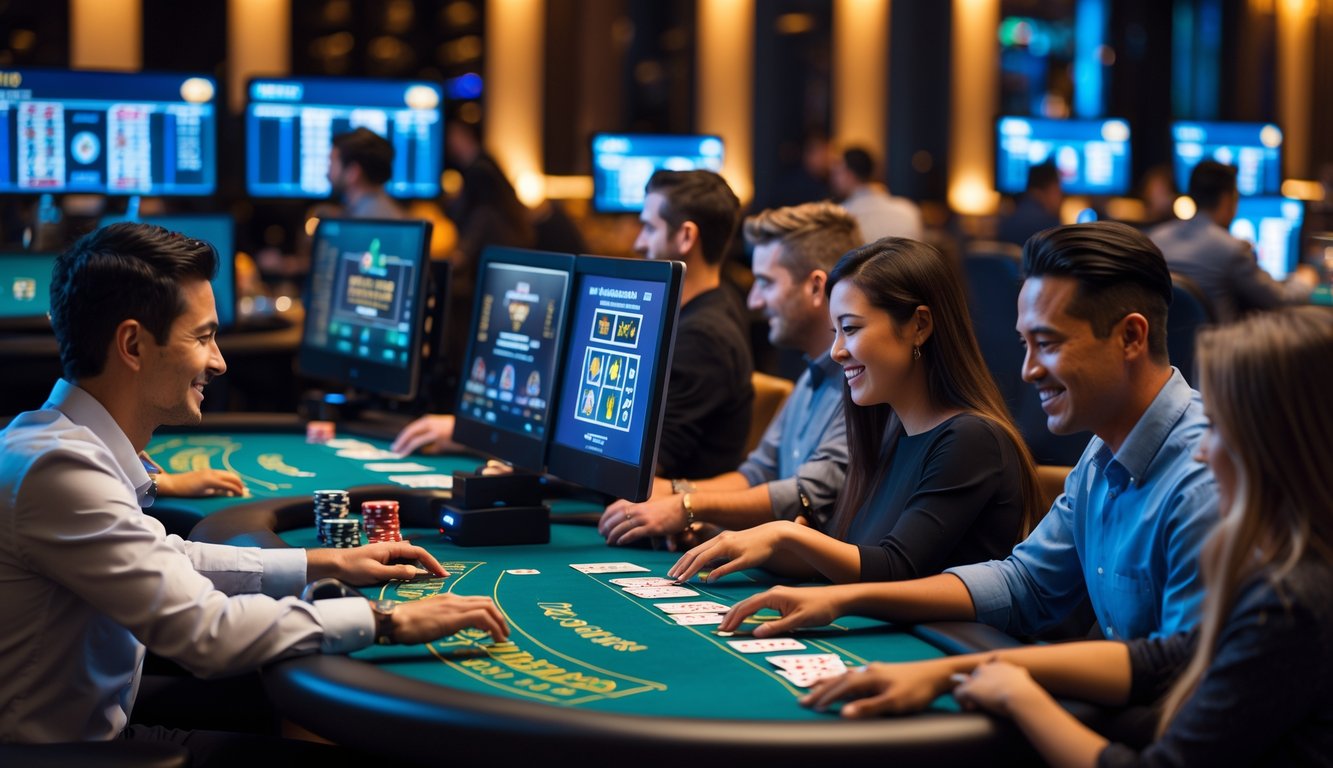 Beberapa orang sedang bermain blackjack online di depan komputer dengan layar yang menampilkan meja blackjack dan kartu digital.