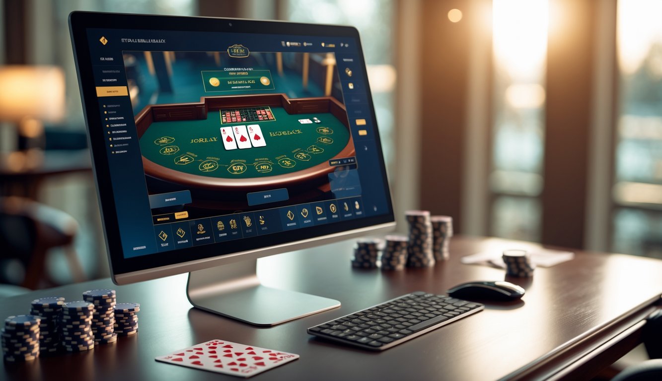 Sebuah meja kerja dengan layar komputer menampilkan permainan blackjack online dan perlengkapan permainan kartu di sekitarnya.
