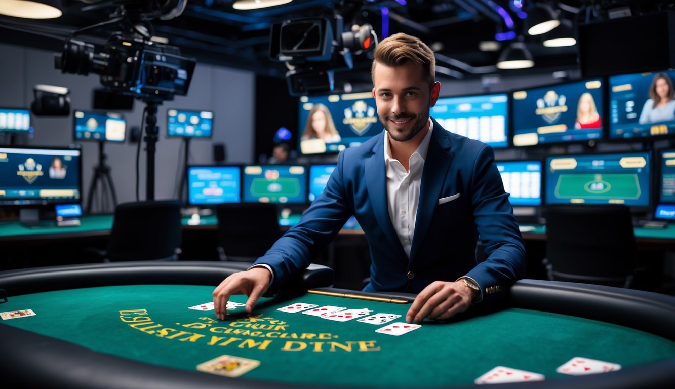 Seorang dealer sedang membagikan kartu di meja blackjack dengan peralatan streaming dan monitor komputer di latar belakang.