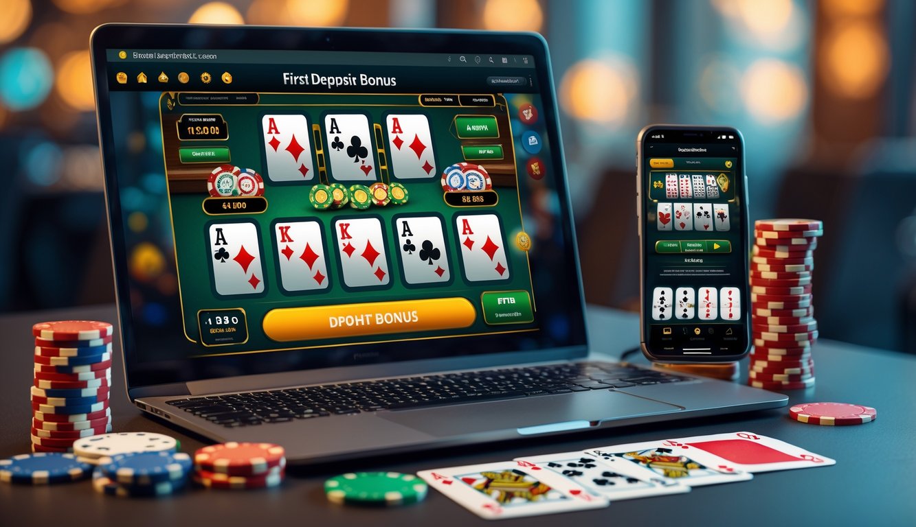 Seorang pemain menggunakan laptop dan ponsel untuk bermain blackjack online dengan tumpukan chip dan kartu di meja.