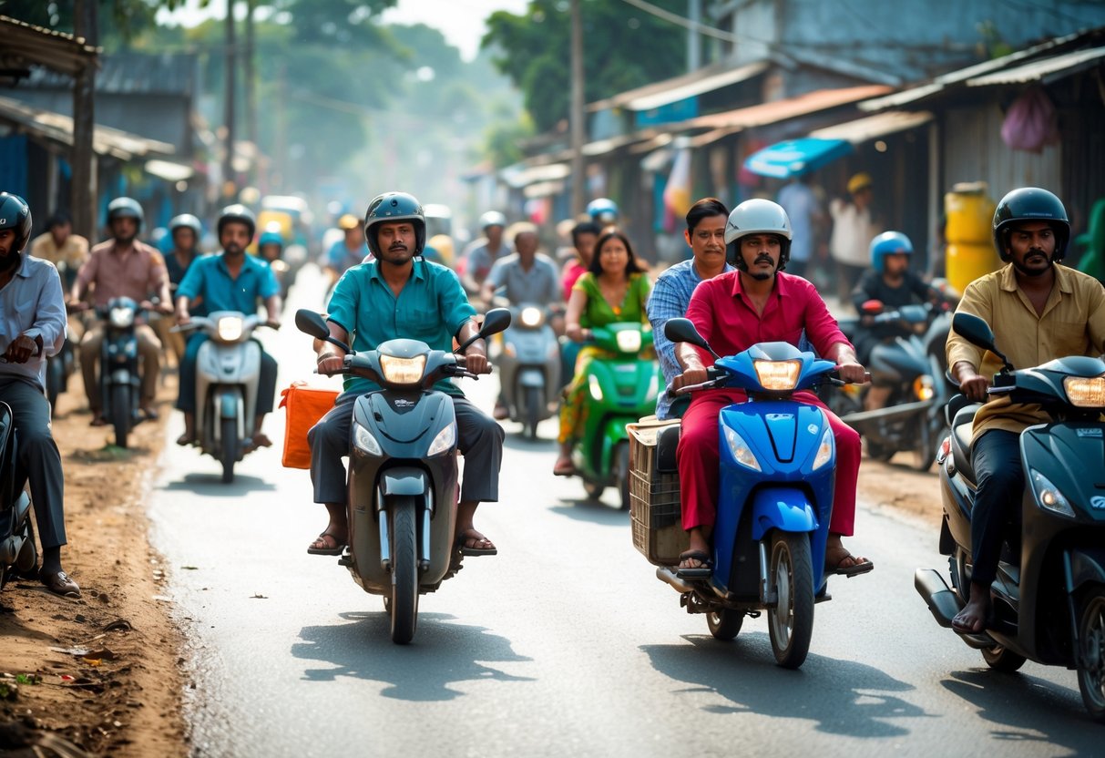 People riding motorcycles on a busy street in a developing country with buildings and street vendors in the background.